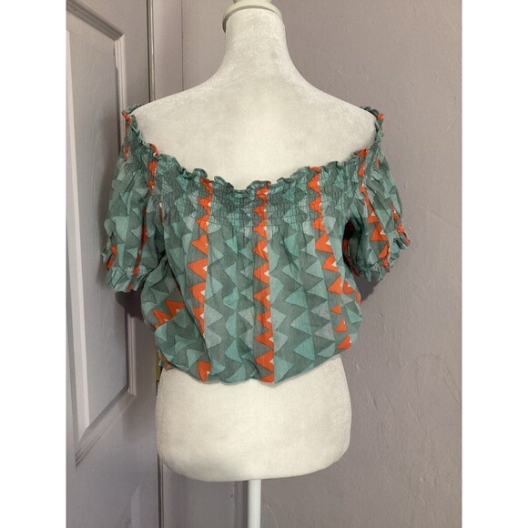 Anthropologie Feather Bone Demetria Smocked Cropped Top Blue Orange Stripe S - Picture 5 of 8